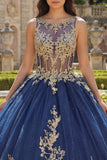 Boat Neck Glitter Princess Floral Long Corset Appliqued Navy Quinceanera Dress