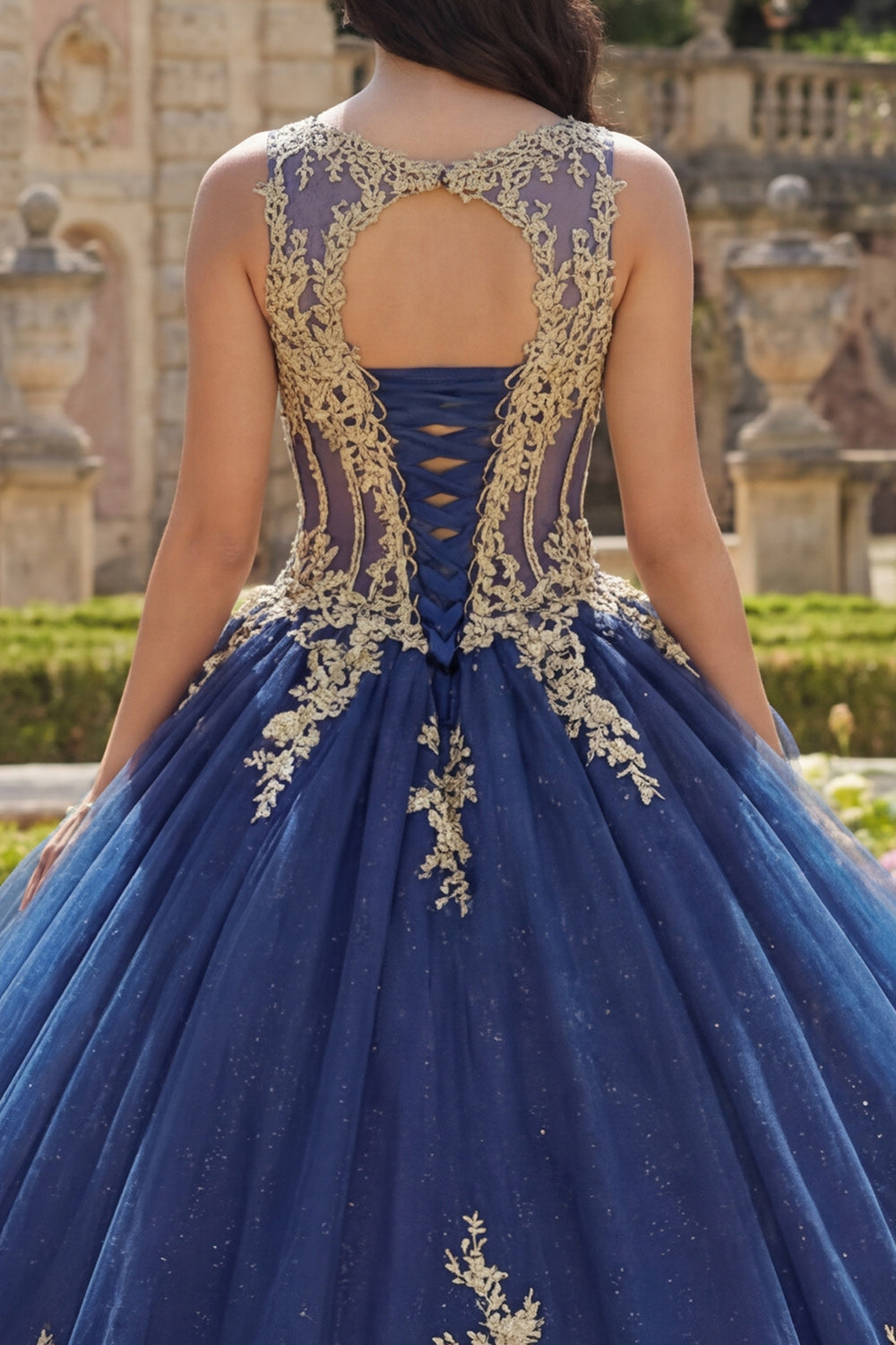 Boat Neck Glitter Princess Floral Long Corset Appliqued Navy Quinceanera Dress