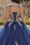 Boat Neck Glitter Princess Floral Long Corset Appliqued Navy Quinceanera Dress