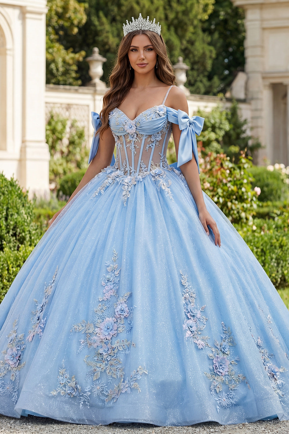 Sky Blue Floral Long Corset Glitter Princess Beaded Quinceanera Dress with Bows
