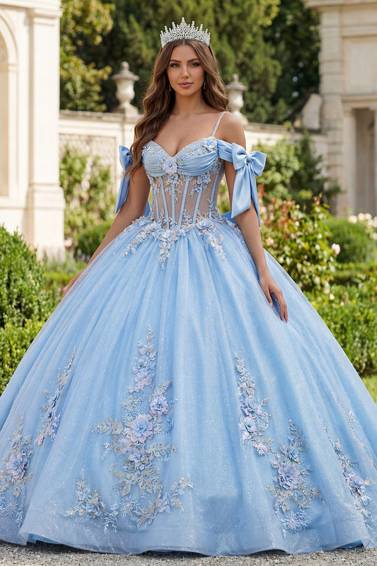 Sky Blue Floral Long Corset Glitter Princess Beaded Quinceanera Dress with Bows