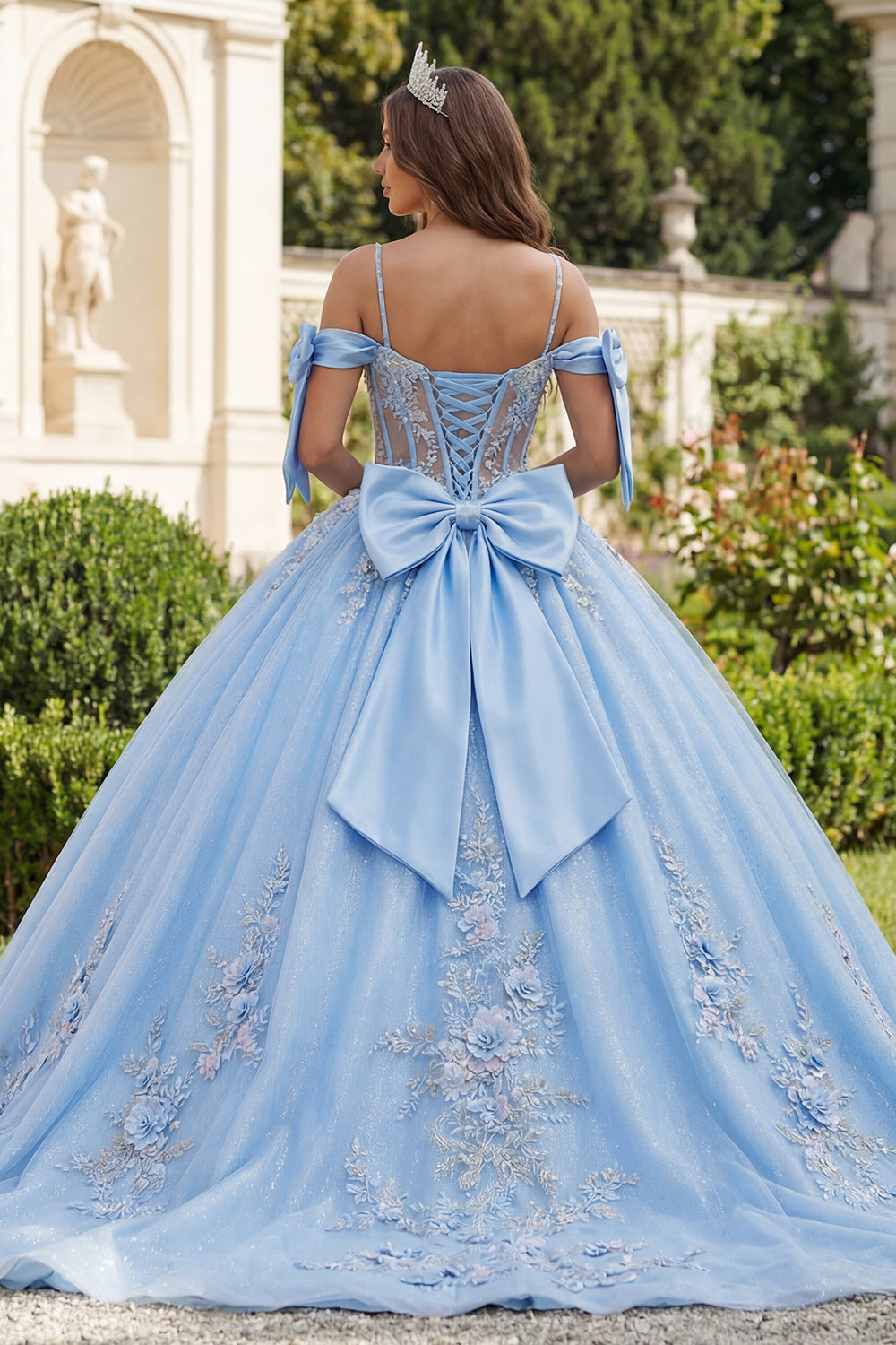 Sky Blue Floral Long Corset Glitter Princess Beaded Quinceanera Dress with Bows
