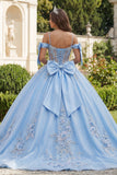 Sky Blue Floral Long Corset Glitter Princess Beaded Quinceanera Dress with Bows