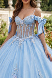 Sky Blue Floral Long Corset Glitter Princess Beaded Quinceanera Dress with Bows