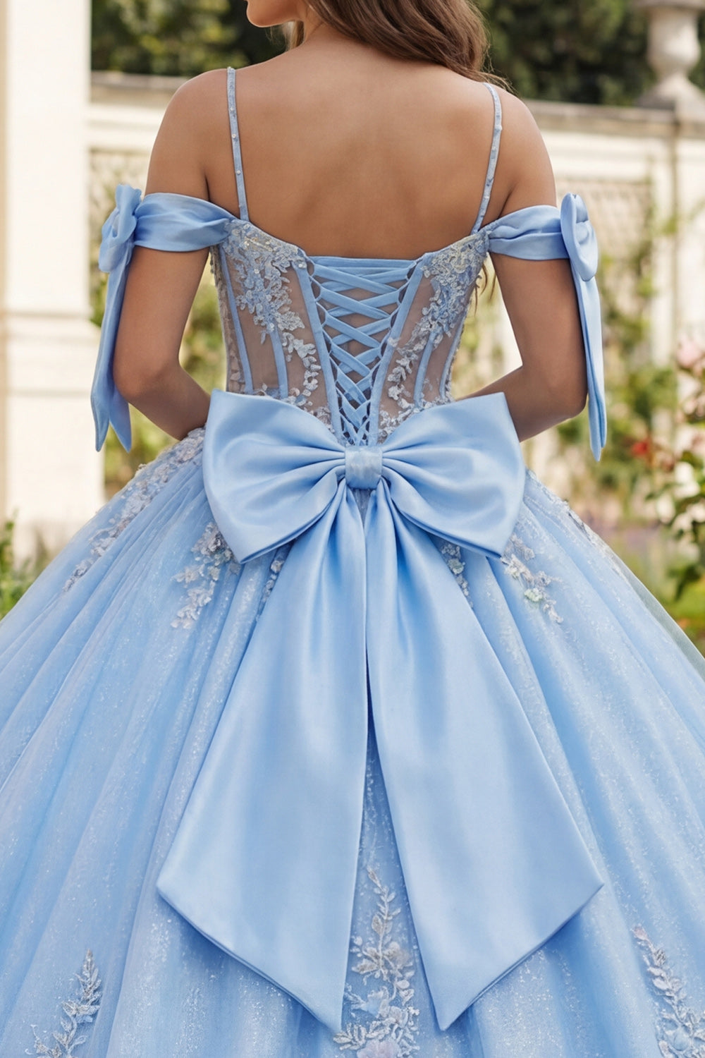 Sky Blue Floral Long Corset Glitter Princess Beaded Quinceanera Dress with Bows