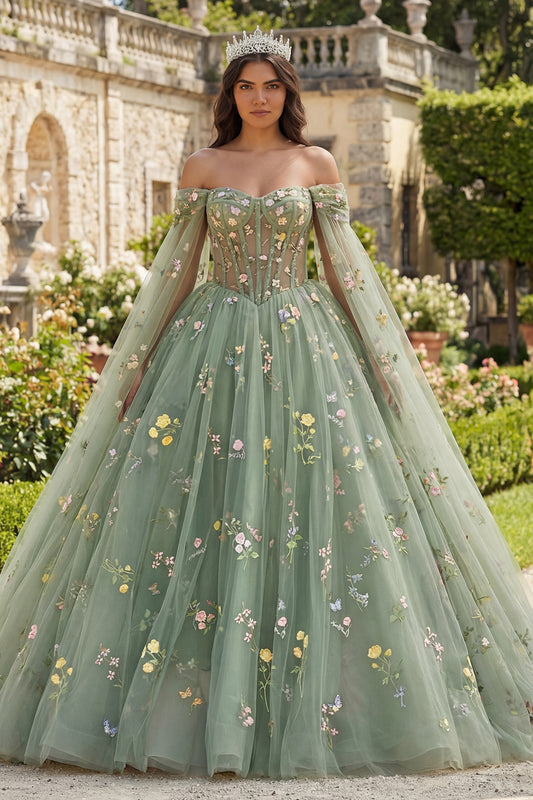 Dusty Sage Princess Floral Long Corset Quinceanera Dress with Cape