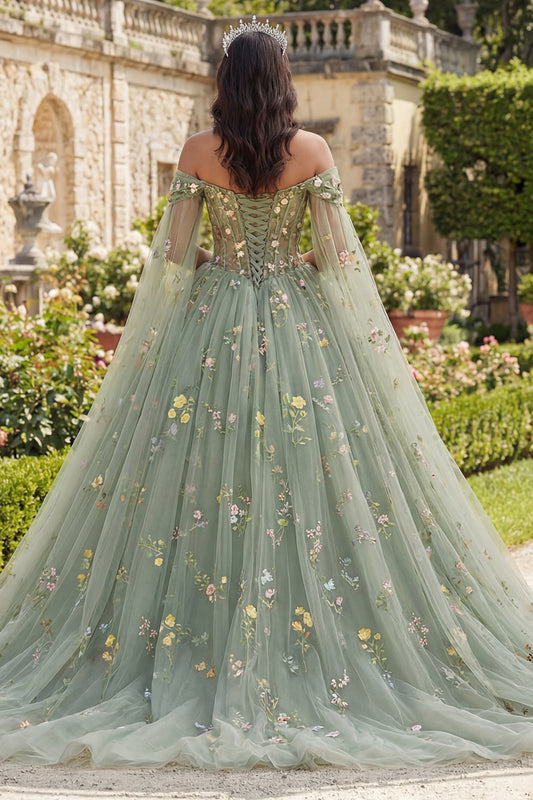 Dusty Sage Princess Floral Long Corset Quinceanera Dress with Cape