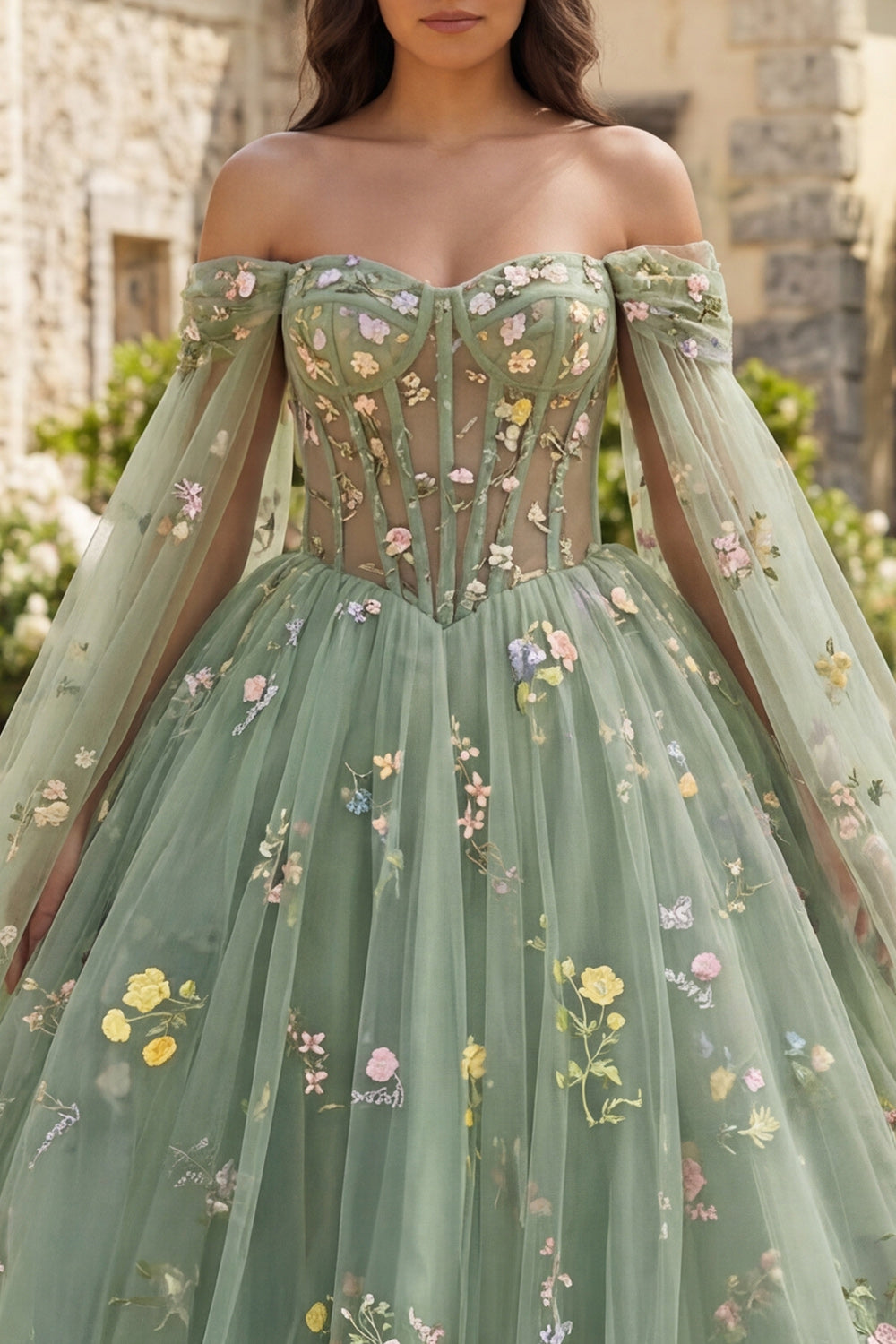 Dusty Sage Princess Floral Long Corset Quinceanera Dress with Cape