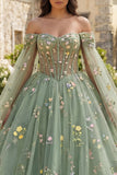 Dusty Sage Princess Floral Long Corset Quinceanera Dress with Cape