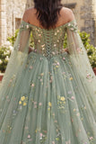 Dusty Sage Princess Floral Long Corset Quinceanera Dress with Cape