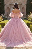 Long Corset Beaded Pink Floral Puff Sleeves Glitter Princess Quinceanera Dress