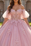 Long Corset Beaded Pink Floral Puff Sleeves Glitter Princess Quinceanera Dress
