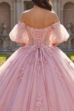 Long Corset Beaded Pink Floral Puff Sleeves Glitter Princess Quinceanera Dress