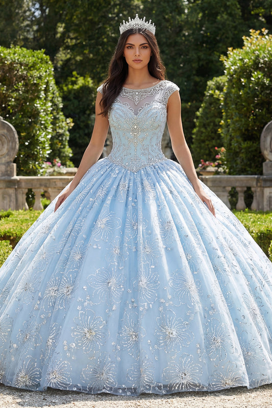 Sparkly Sky Blue Beaded Princess Floral Long Boat Neck Quinceanera Dress
