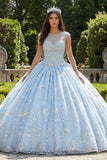 Sparkly Sky Blue Beaded Princess Floral Long Boat Neck Quinceanera Dress