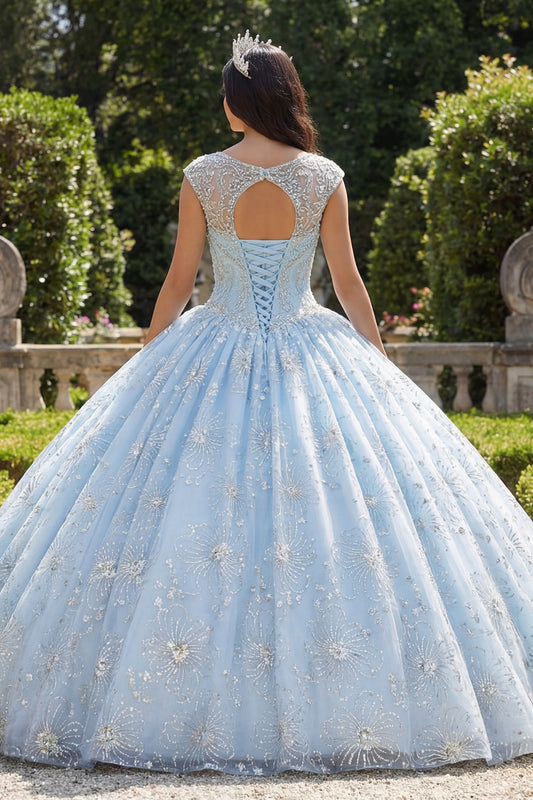 Sparkly Sky Blue Beaded Princess Floral Long Boat Neck Quinceanera Dress