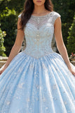 Sparkly Sky Blue Beaded Princess Floral Long Boat Neck Quinceanera Dress
