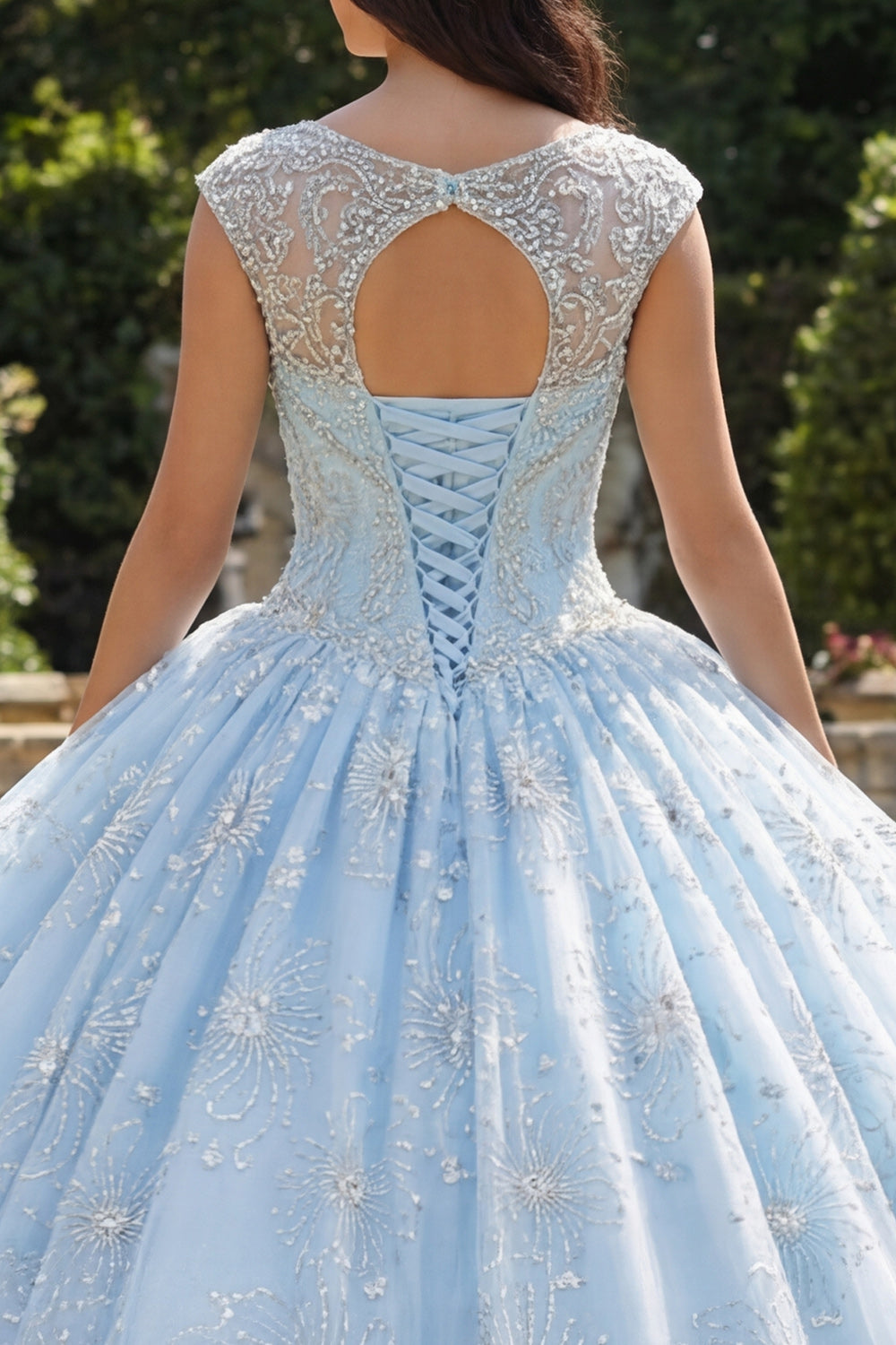 Sparkly Sky Blue Beaded Princess Floral Long Boat Neck Quinceanera Dress