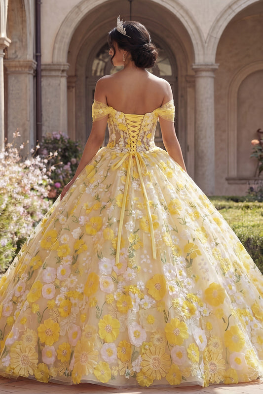 Yellow Off the Shoulder Princess Floral Long Corset Quinceanera Dress
