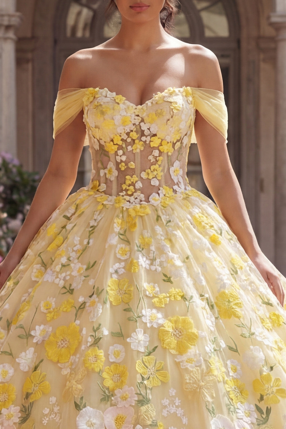 Yellow Off the Shoulder Princess Floral Long Corset Quinceanera Dress