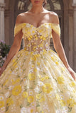 Yellow Off the Shoulder Princess Floral Long Corset Quinceanera Dress