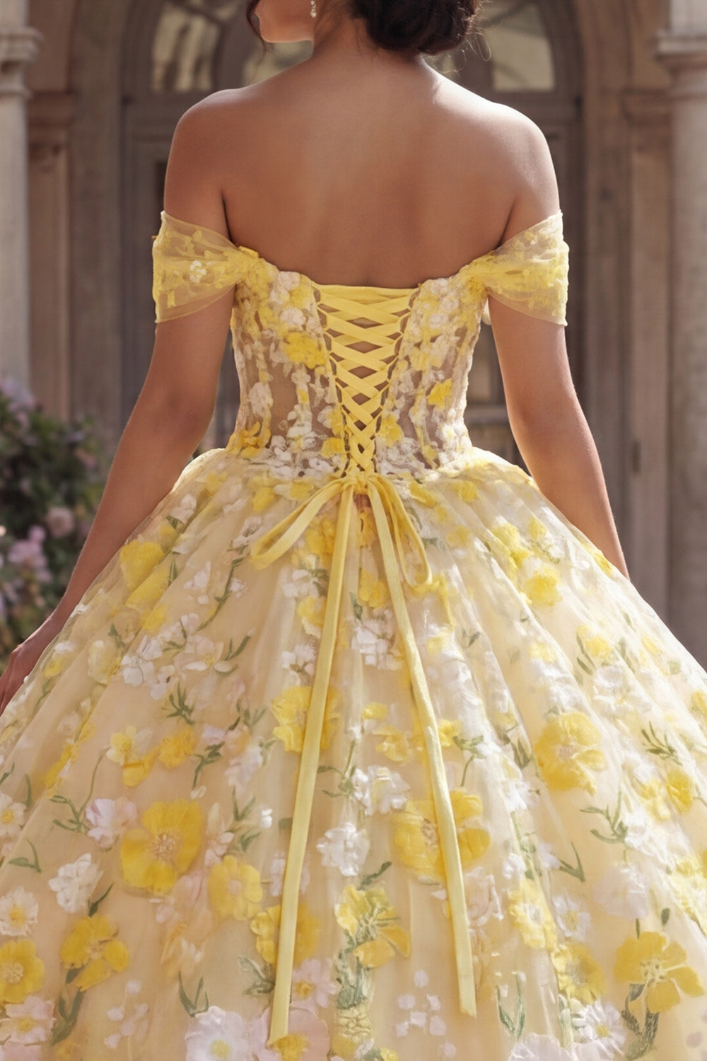 Yellow Off the Shoulder Princess Floral Long Corset Quinceanera Dress