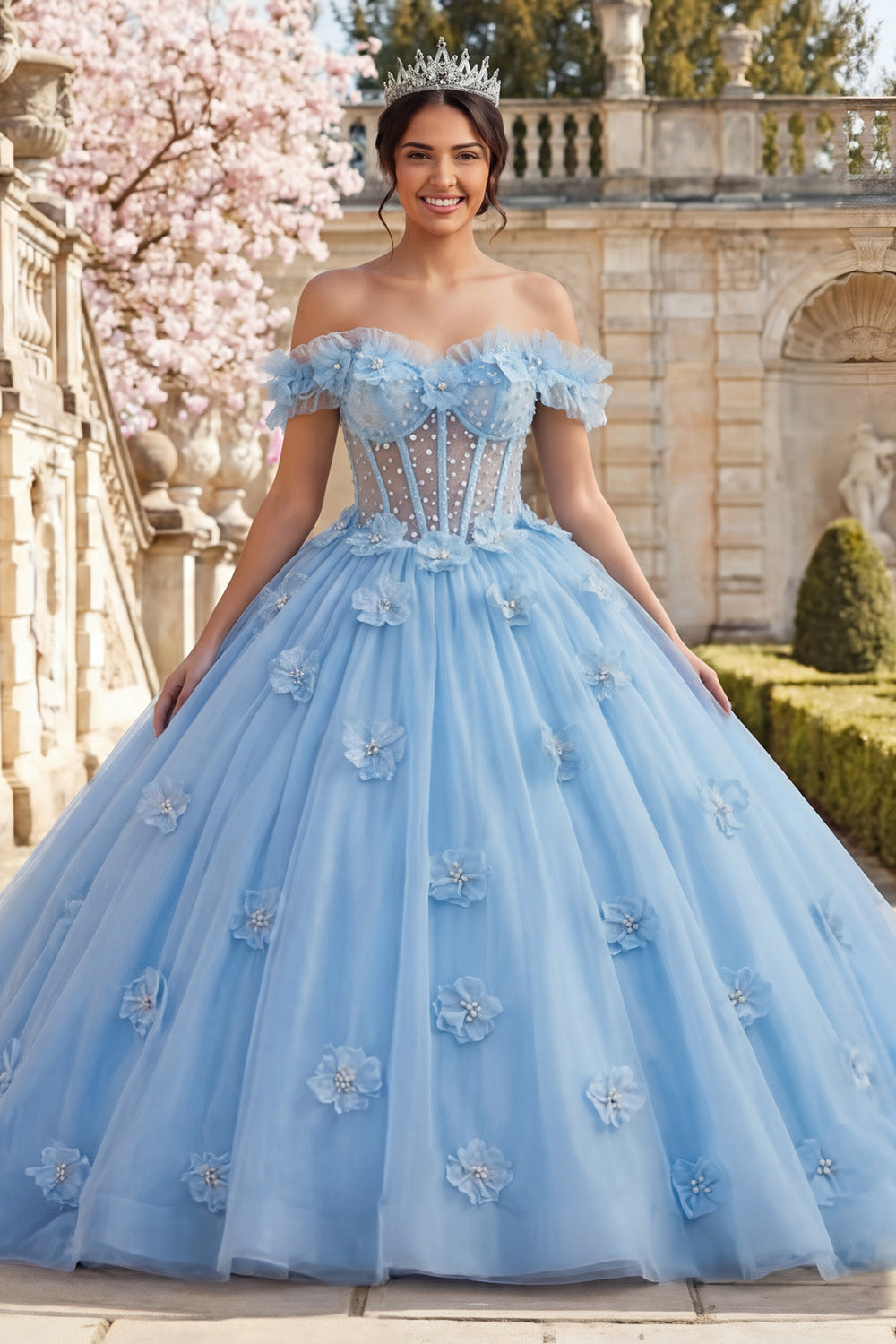 Sky Blue Floral Long Corset Princess Ruffled Quinceanera Dress with Pearls