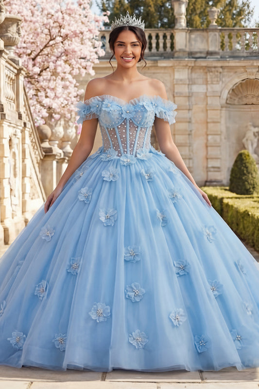 Sky Blue Floral Long Corset Princess Ruffled Quinceanera Dress with Pearls
