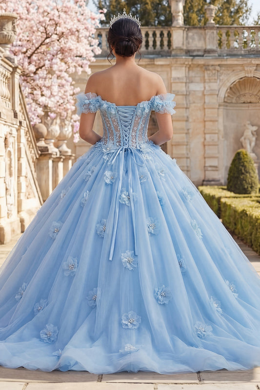 Sky Blue Floral Long Corset Princess Ruffled Quinceanera Dress with Pearls