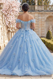 Sky Blue Floral Long Corset Princess Ruffled Quinceanera Dress with Pearls