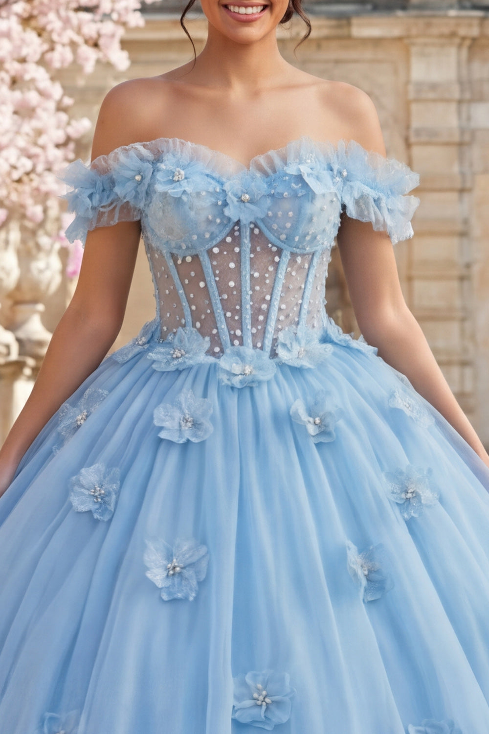 Sky Blue Floral Long Corset Princess Ruffled Quinceanera Dress with Pearls