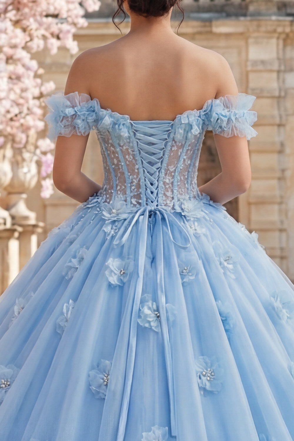 Sky Blue Floral Long Corset Princess Ruffled Quinceanera Dress with Pearls