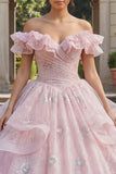 Pink Princess Sequin Long Ruched Quinceanera Dress with Ruffles