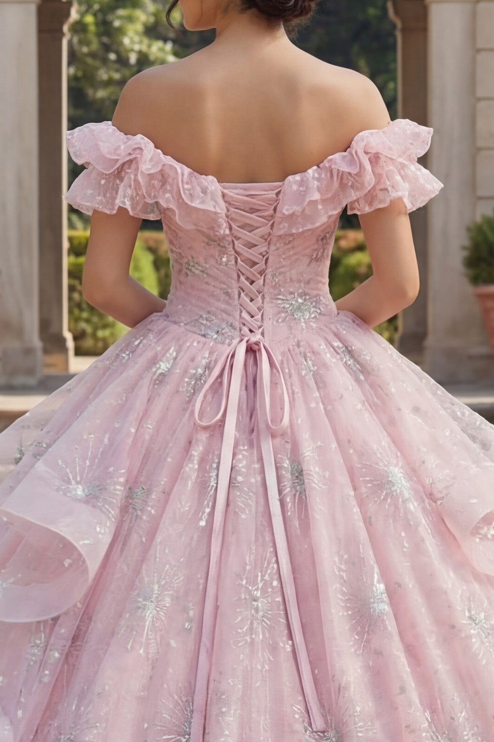 Pink Princess Sequin Long Ruched Quinceanera Dress with Ruffles