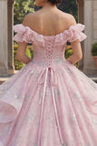 Pink Princess Sequin Long Ruched Quinceanera Dress with Ruffles
