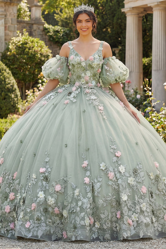 Zapakasa Women Sage Green Tulle Long Floral Quinceanera Dress Princess  V-Neck Lace Up Back Puff Sleeves Ball Gown Sweet 16 Dress