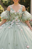 Sage Green V-Neck Princess Puff Sleeves Floral Long Quinceanera Dress