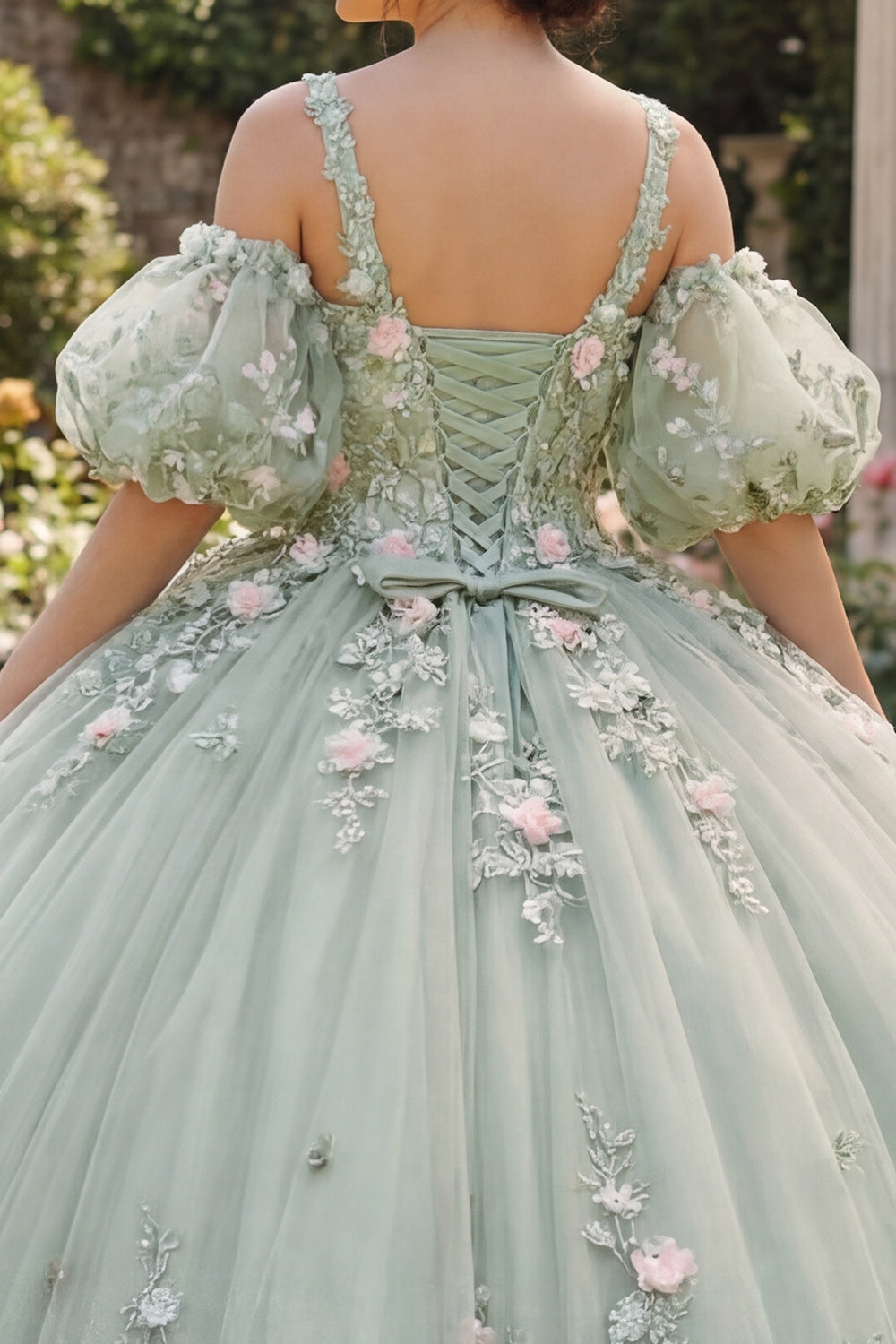 Sage Green V-Neck Princess Puff Sleeves Floral Long Quinceanera Dress