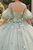 Sage Green V-Neck Princess Puff Sleeves Floral Long Quinceanera Dress