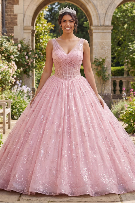 Sparkly Pink Princess Sequin Long Ruched Corset Floral Quinceanera Dress