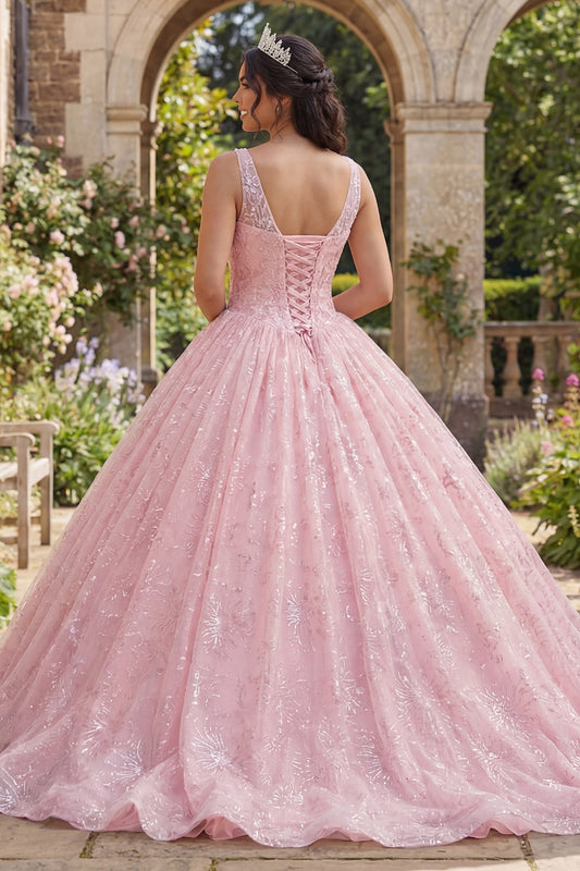 Sparkly Pink Princess Sequin Long Ruched Corset Floral Quinceanera Dress