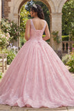 Sparkly Pink Princess Sequin Long Ruched Corset Floral Quinceanera Dress