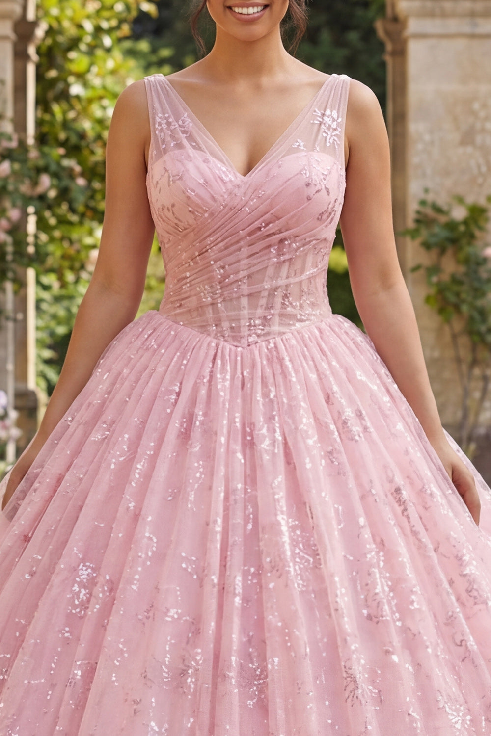 Sparkly Pink Princess Sequin Long Ruched Corset Floral Quinceanera Dress