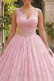 Sparkly Pink Princess Sequin Long Ruched Corset Floral Quinceanera Dress