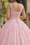 Sparkly Pink Princess Sequin Long Ruched Corset Floral Quinceanera Dress
