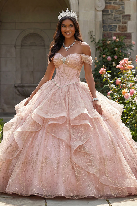 Sequin Beaded Long Corset Sparkly Pink Princess Quinceanera Dress with Ruffles