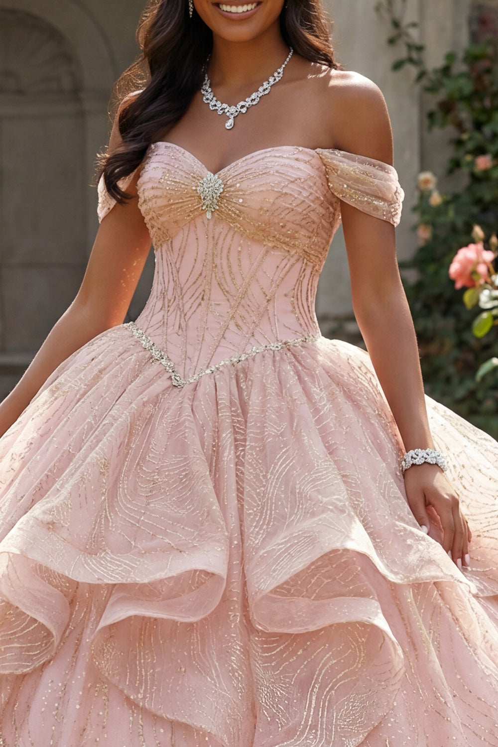 Sequin Beaded Long Corset Sparkly Pink Princess Quinceanera Dress with Ruffles