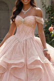 Sequin Beaded Long Corset Sparkly Pink Princess Quinceanera Dress with Ruffles