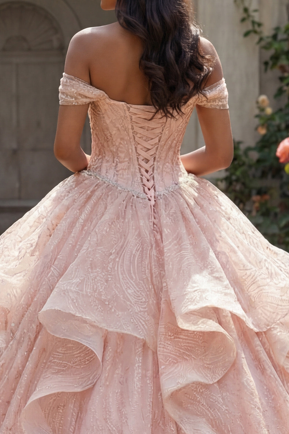 Sequin Beaded Long Corset Sparkly Pink Princess Quinceanera Dress with Ruffles