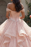 Sequin Beaded Long Corset Sparkly Pink Princess Quinceanera Dress with Ruffles